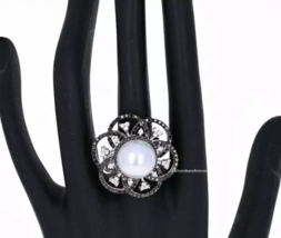 Gorgeous Large South Sea Pearl, Rich Black Onyx and White CZ Floral Pret... - $559.72