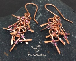 Handmade copper earrings: chainlink waterfall of hammered dangles with beads - £22.38 GBP