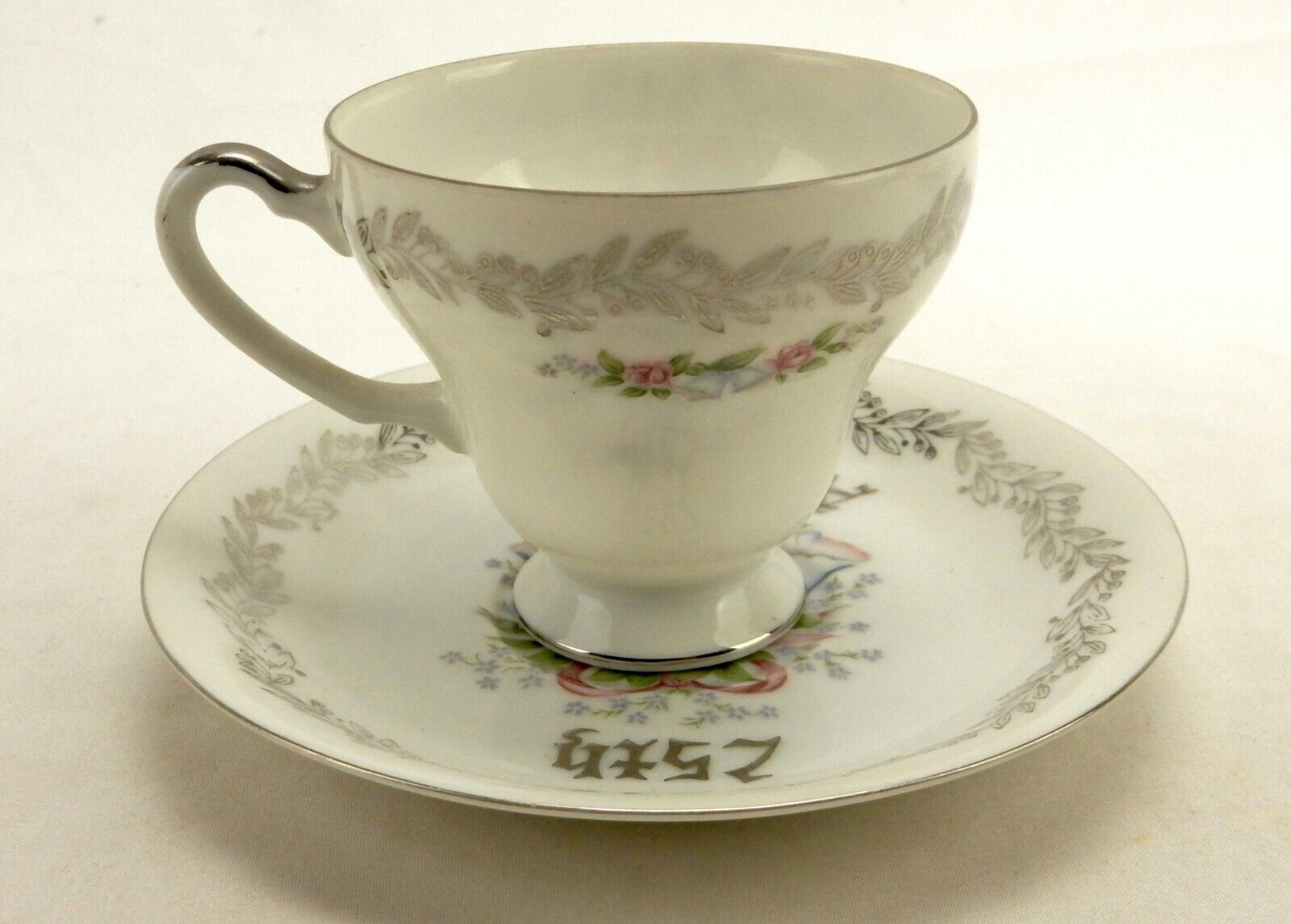 Primary image for 25th Anniversary Cup and Saucer Set, Flowers & Bells, Vintage Porcelain, Japan