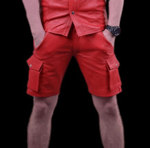 Casual Stylish Red 100%Men Gym Short Leather Pants Boxer Genuine Lambskin Sports - £78.13 GBP+