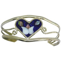 Vintage Alpaca Bracelet Cuff Floral Design Heart Abalone MOP Chips Small Wrist - £10.67 GBP