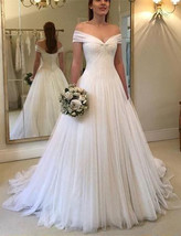 Off the Shoulder A-line White Tulle Wedding Dress Floor Length Bridal Gowns - $175.00