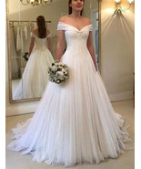 Off the Shoulder A-line White Tulle Wedding Dress Floor Length Bridal Gowns - $175.00