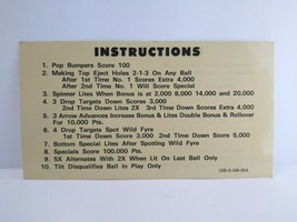 Wild Fyre Pinball Machine Original Instructions Card 1978 Two Sided 12B-106-23 - $16.86