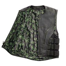 Men&#39;s Black Leather Vest W/ Green Paisley Lining Motorbike Side Strap Wa... - £55.88 GBP+