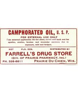 Vintage Pharmacy Label CAMPHORATED OIL Farrell&#39;s Drug Prairie Du Chiem W... - $590.02 MXN