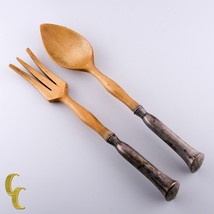 Antico Monogramed Edwardian Insalata Servire Set Argento Sterling Manici &amp; Legno - $103.83