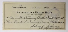 St. Anthony Falls Bank Antique Check c. 1910 10/10/1910 Minneapolis Minn... - $16.00
