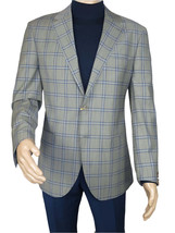 Men&#39;s Mono Turkey Sport Coat 100% Super 180s Wool 1480-03 Gray Blue Plaid - £154.72 GBP