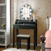 Makeup Dressing Table with Touch Switch Lighted Mirror and Cushioned Stool-Black - £175.17 GBP