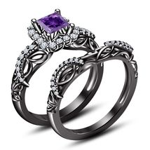 14k Black Gold Finish Princess Cut Amethyst &amp; Diamond Wedding Bridal Ring Set - £59.60 GBP