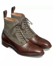 Men&#39;s Handmade Two Tone Lace Up Dress Boots Grey suede and brown leather boots - $179.99