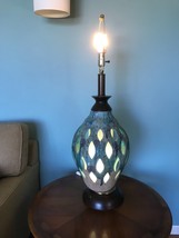 Huge Mid Century Vintage Fat Lava Drip Glaze Pierced Ceramic Table Lamp Lantern - £259.14 GBP