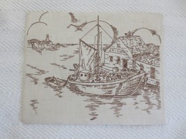 Mounted SEASCAPE SCENE BOAT &amp; DOCK Brown EMBROIDERY Wall Hanging - 8&quot; x ... - £7.19 GBP