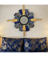 Blue Gray & Gold Mirror wall art, Abstract wood and metal sculpture, 30x30-Art69 - $178.19