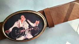 Elvis Presley &quot;The King&quot; Photo Epoxy Photo Music Belt Buckle &amp;Brown Bonded Belt - £19.53 GBP