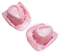 2 PINK WOVEN COWBOY HATS curl up sides western caps - $16.14