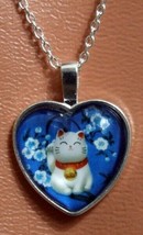 Bubble Heart shaped pendant w/Blue back of White Cat, Flowers w/ Chain included - £21.37 GBP