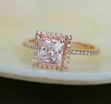 1.25Ct Princess Cut Peach Morganite  Diamond Accent Halo Ring 14k Rose Gold Over - £73.46 GBP