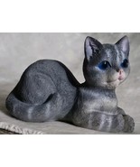 Vtg Gray W/Lt Stripes Statue Smooth Resin Cat Figurine Lying Down BL Gla... - $10.85