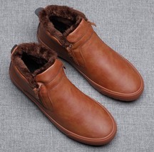 Winter Men Boots Shoes For Men Warm Plush Inside Slip-On High Tops Leather Casua - £46.25 GBP