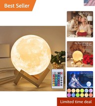 3D Printed Moon Lamp with 148 Combinations &amp; Wooden Stand - 5.9&quot; LED Nig... - $756.61 MXN