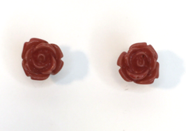 Muted Red Tone Faux Carved Rose Flower Earrings Stud Post Molded Shape - $10.00