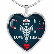 Live Love Heal Nurse Necklace Stainless Steel or 18k Gold Heart Pendant 18-22&quot; - £43.26 GBP