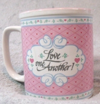 Enesco Ceramic Coffee Hot Cocoa or Tea Mug Cup Pink/White Love One Another 1988 - £7.34 GBP