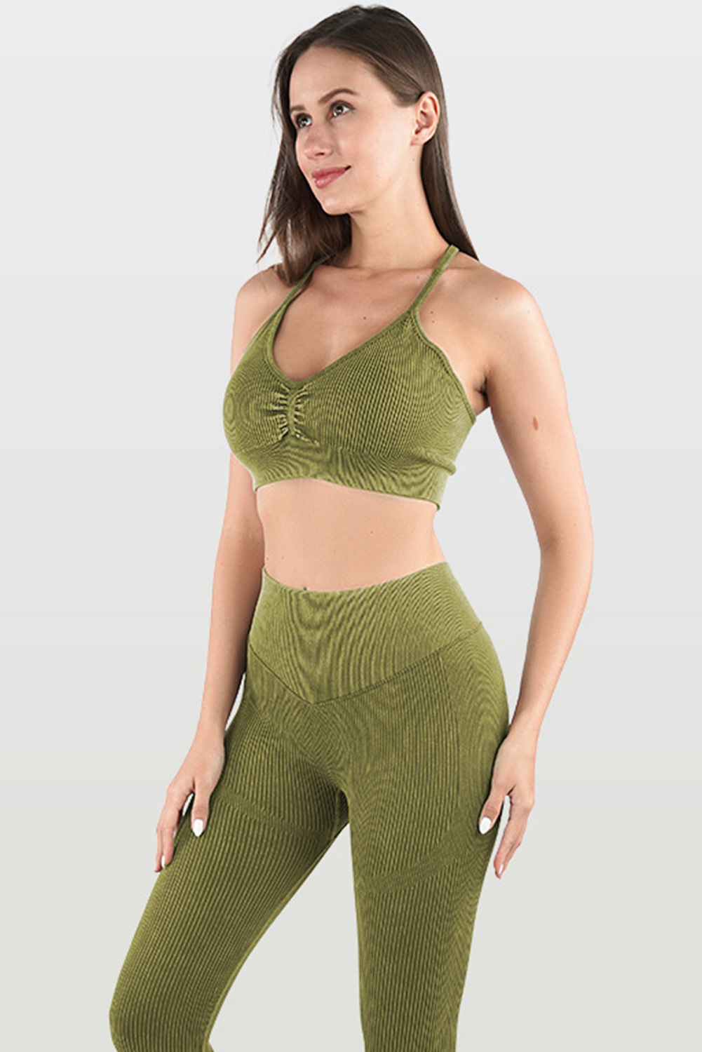 Guacamole Green Seamless Ribbed Spaghetti Straps Bra Leggings Sports Set - $155.25