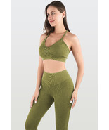 Guacamole Green Seamless Ribbed Spaghetti Straps Bra Leggings Sports Set - $2,900.70 MXN