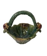 Rustic Pottery Basket With Two Ladybugs On The Handles Green Brown Glaze - £18.31 GBP