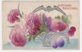 Vintage Postcard Birthday Pink Chrysanthemums Cherries Fruit Embossed - £6.30 GBP