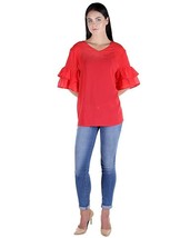Kyra Collection Womens Plus Size Ruffle-Accent V-Neck Tunic Top - Coral - £6.04 GBP+