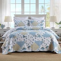 Autumn Dream Reversible Patchwork Quilt Set Blue White Rose Queen Size - $42.97