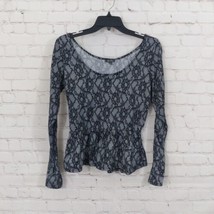 Lily Rose Top Womens Medium Black Gray Lace Print Long Sleeve Scoop Neck Peplum - £14.11 GBP