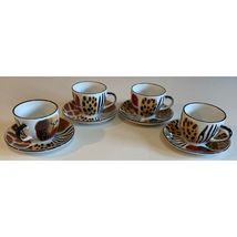 4 Teacups &amp; Saucers Hand Painted By Jill Art From Africa Leopard, Giraff... - $46.50
