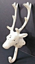 Deer With Antler Clothes Hat Towel Wall Hook Hanger White Cast Iron Rustic New - £10.28 GBP