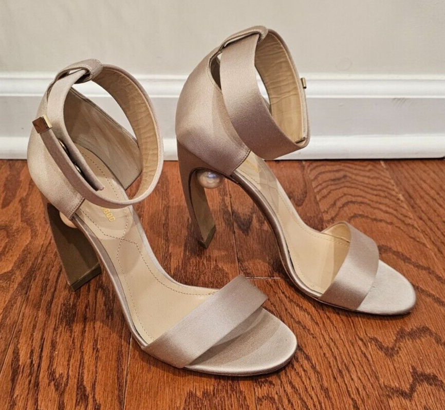 NICHOLAS KIRKWOOD Maeve Champagne Satin Ankle Strap Heels w/ Pearl Accen... - $159.99