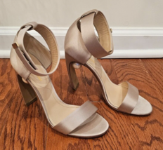 NICHOLAS KIRKWOOD Maeve Champagne Satin Ankle Strap Heels w/ Pearl Accen... - $159.99