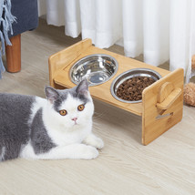 Pet Dog Cat Food Feeding Stand Station Stainless Double Raised Bowls Dish Holder - £35.71 GBP
