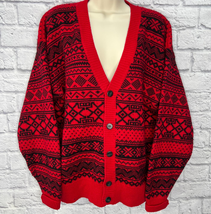 Claiborne Wool Blend Cardigan Sweater Size M Red Black Fair Isle V-Neck  - £39.43 GBP