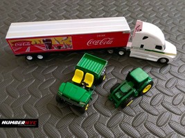 John Deere &amp; Coca - Cola RED Toy Trailer Truck Set Model Tractor Rubber Tires - £18.82 GBP