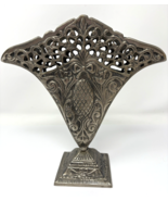 Antique Vintage Metal Fan Vase, Victorian, Reticulated, 8&quot; Tall - $47.49