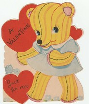 Vintage Valentine Card Stuffed Toy Bear in Blue Dress 1940&#39;s Unused Die-Cut - $8.90