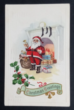 Santa Claus Christmas Greetings Postcard JP 1916 Toys Hearth Holly Bells... - $7.99