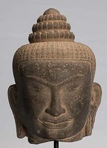 Antique Khmer Style Stone Mounted Bayon Buddha Head Statue - 42cm/17&quot; - $2,450.97