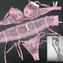 Victoria&#39;s Secret 32DD,32DDD,34B,34DDD,36DDD BRA SET+garter PINK floral appliqué - £116.76 GBP