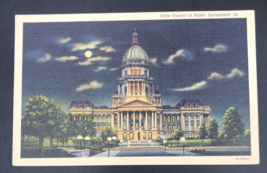 Vintage Illinois State Capitol at Night Springfield IL Linen Postcard - $6.79