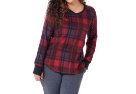 Cuddl Duds Fleecewear Stretch V-Neck Long-Sleeve Top- Red/Brown Plaid, Small - £19.18 GBP